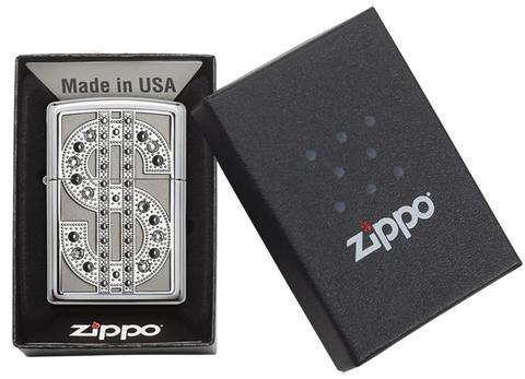 Zippo Swarovski Bling Brushed Chrome Emblem Pocket Lighter Zippo